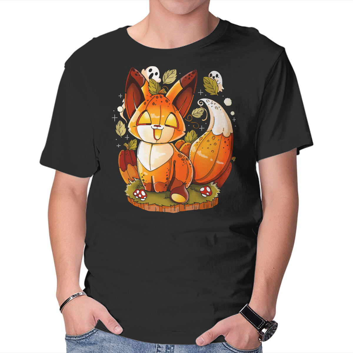 Unisex Crew Neck T-Shirt Pumpkin Fox Graphic Short Sleeve Casual Tee XL