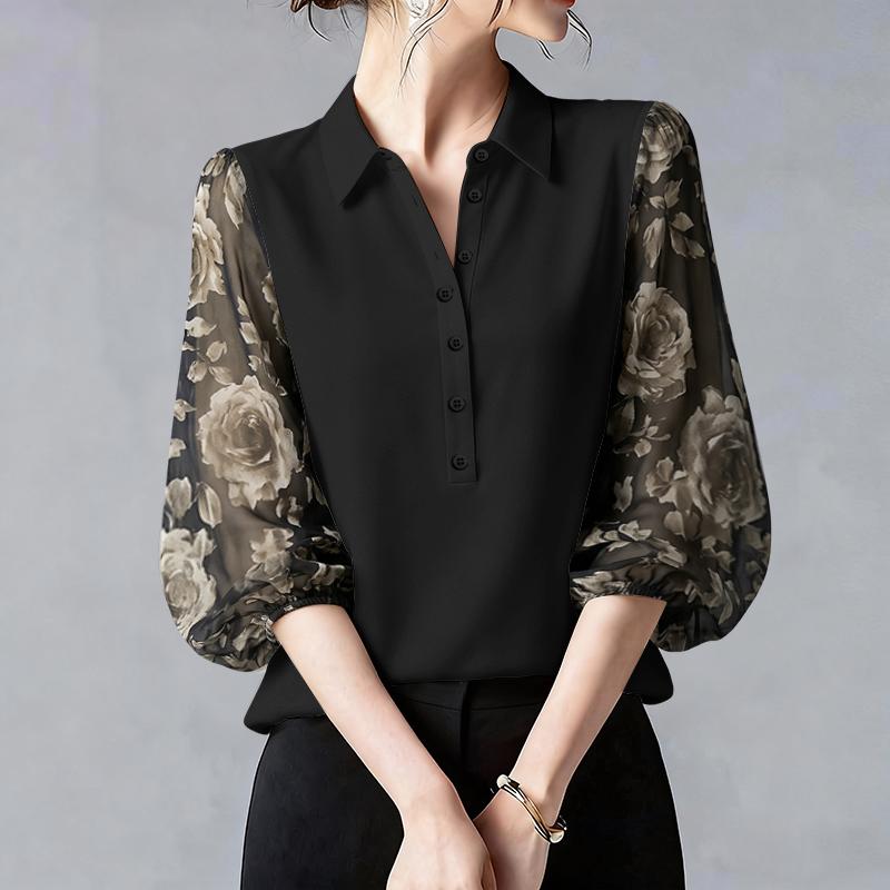 ZANZEA Women Casual Turn Down Collar Loose Prin Splice 3/4 Sleeve Blouse S