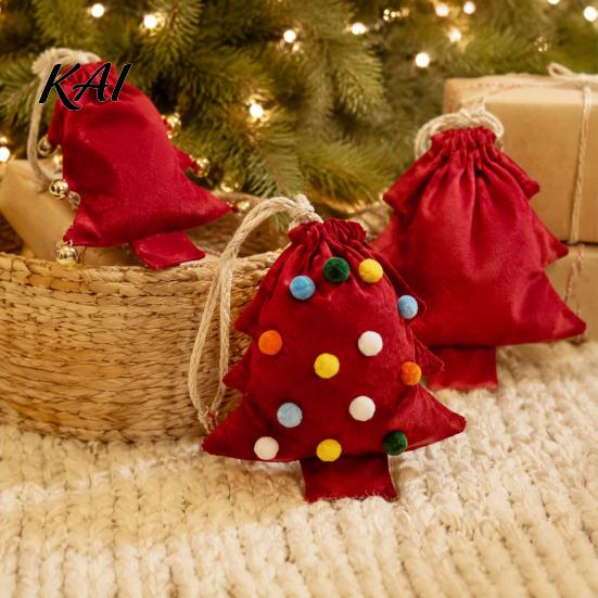 Reusable Fabric Gift Wraps Christmas Tree Shaped Bag, Drawstring Treat Goody Bags with Pompoms Durable Polyester Sacks Bells, Winter Present Wrapping