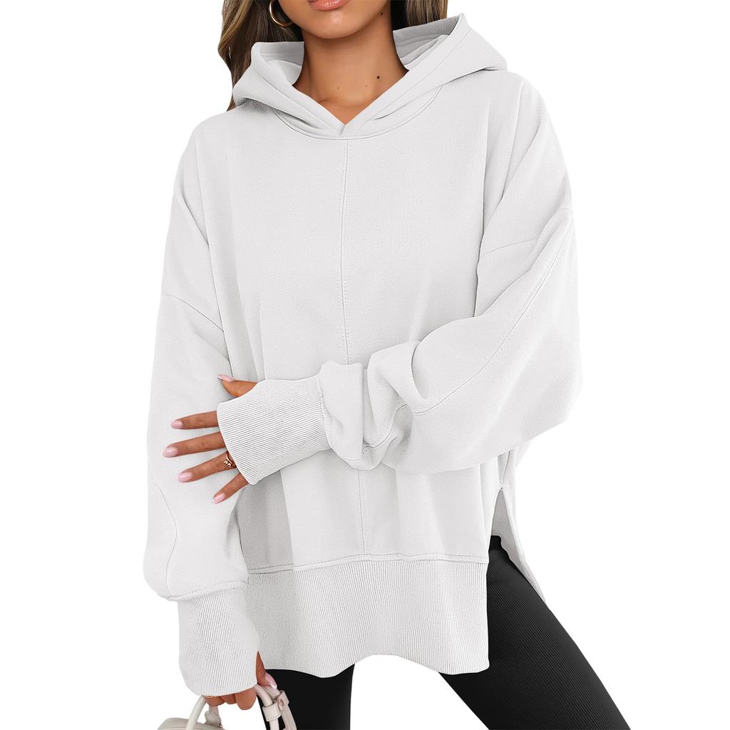 Women's Solid Color Slit Round Neck Sweatshirt Casual Top Loose Long Sleeved Top