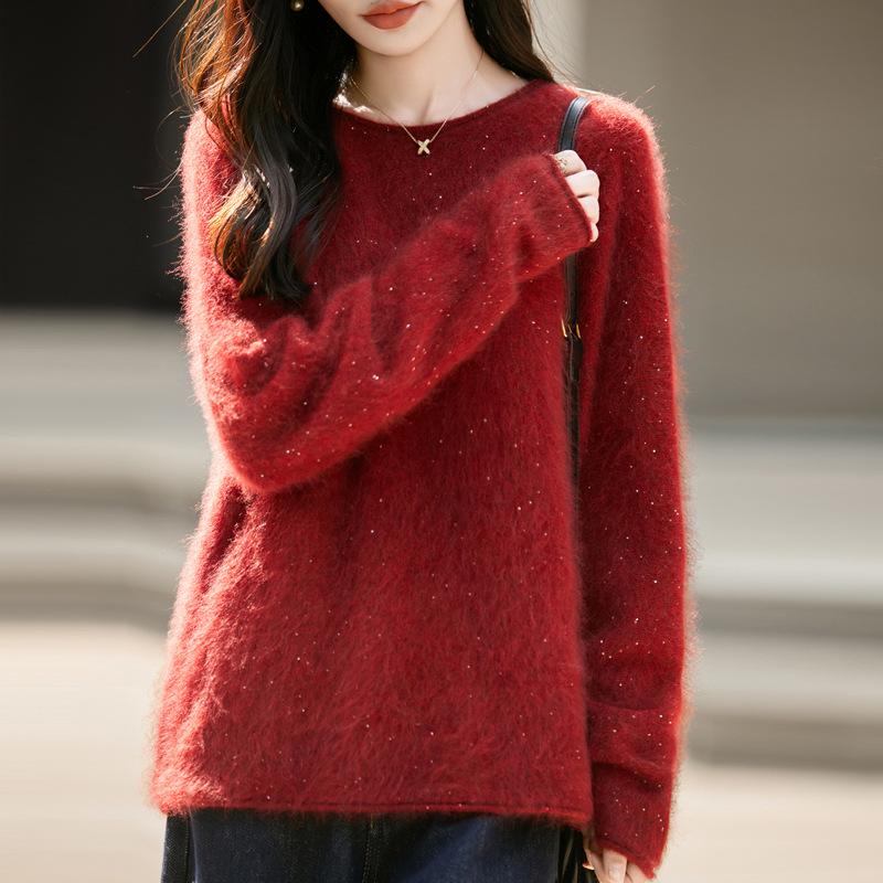 Women's Plus Size Korean Style Marled Yarn Cashmere Wool Sweater - Loose Fit, Brushed, Round Neck