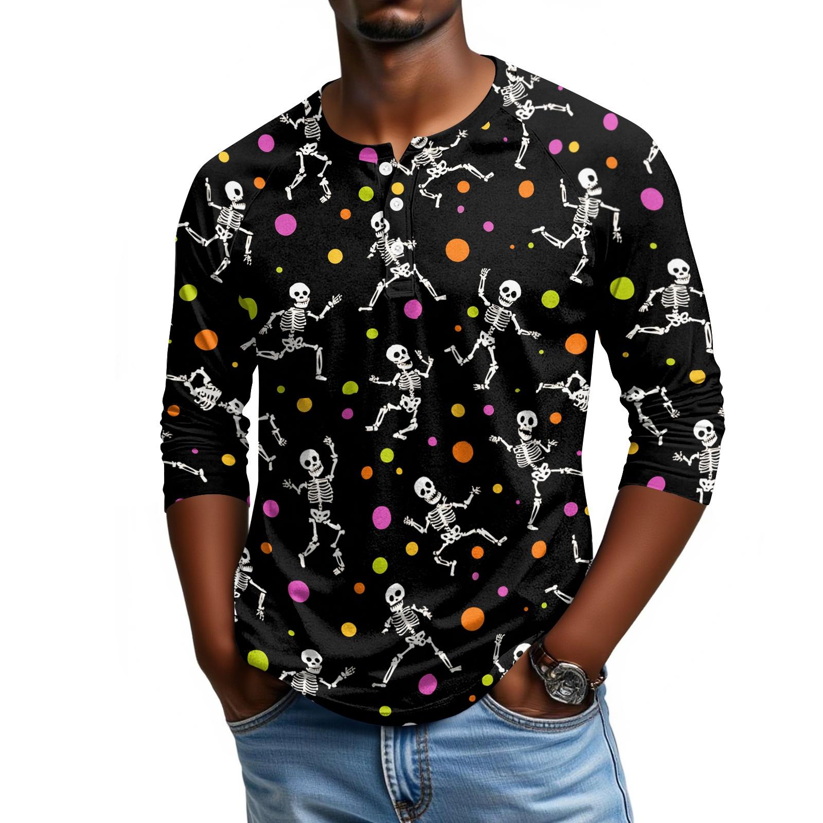 Men s Casual Halloween Print Round Neck Raglan Three-Quarter Sleeve T-Shirt L