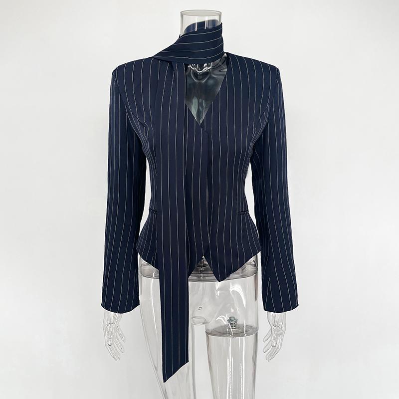 Casual Striped Blazer Coats Women 2026 Spring V Neck Scarf Lace Up Jackets Long Sleeves Coat Female Fashion High-End Formal Tailored Coat Outwear