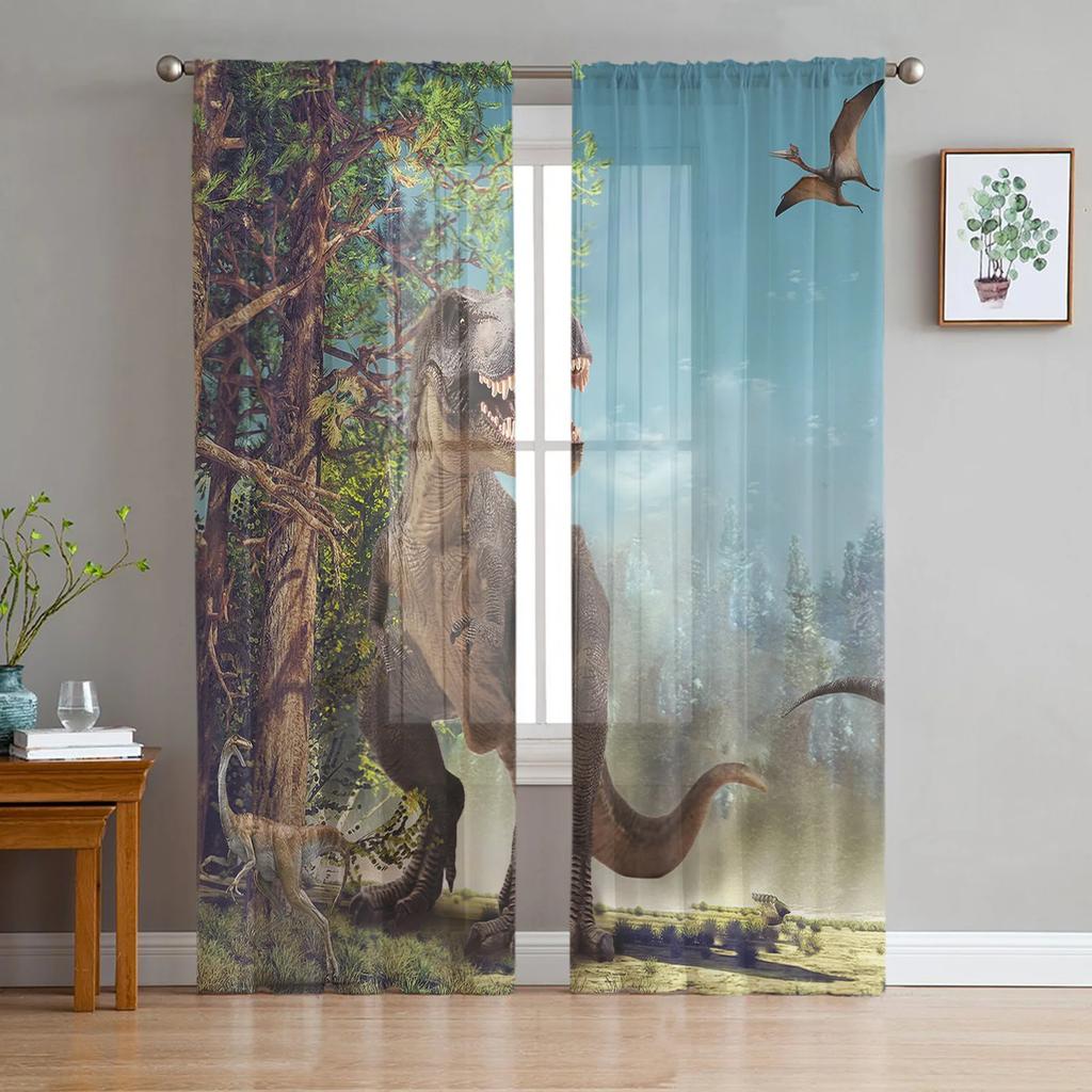 Dinosaur Jungle Curtain Window Tulle Living Room Bedroom Kitchen Chiffon Treatment Decorations Sheer For Sitting Made Of Polyester