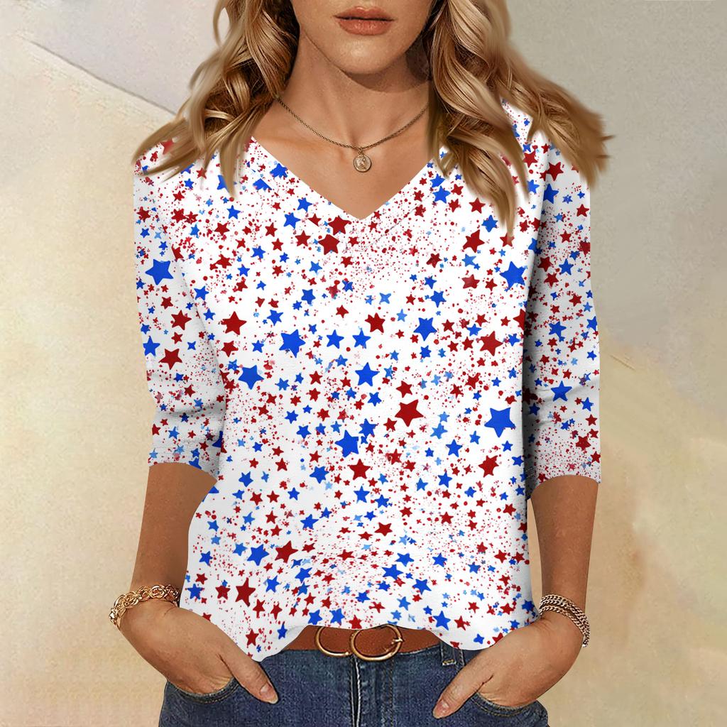 Women's Fashionable Casual Independence Day American Flag and Stars Print V-Neck Three-Quarter Sleeve T-Shirt Top