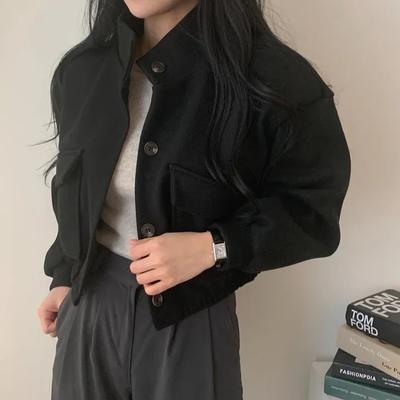 Otoño coreano chic cuello alto de un solo pecho holgado casual moda versátil manga larga corto abrigo de lana mujer