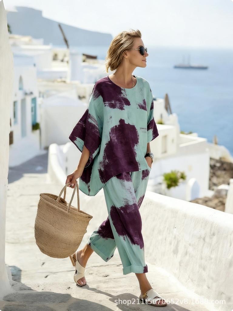1116 Bohemian independent sunbow print casual suit women's clothing