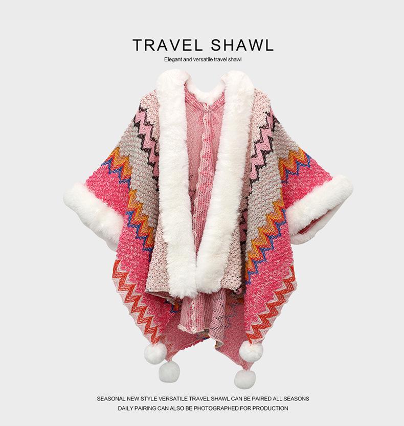 Ethnic Style Faux Fur Shawl Poncho with Sleeves - Women's Thickened Yunnan Travel Scarf