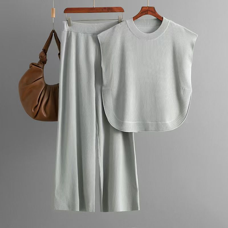 

Fashion Wind New Arrival Fashion Loose-Knit Waistcoat Pants Suit Knitted Vest and Pants Set Grey All yards
