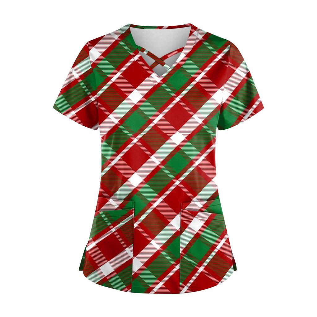 Damen Weihnachtsdruck Uniform Arbeitsuniform V-Ausschnitt Tasche Schutz Arbeitsuniform