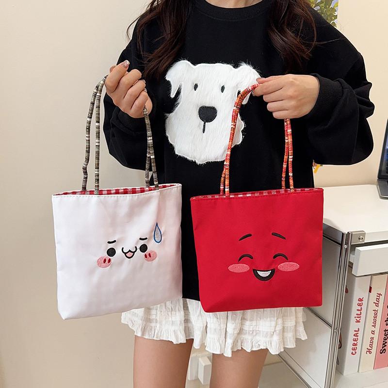 Canvas Bag For Women With Cartoon Embroidery Small Handheld Purse For Daily Use