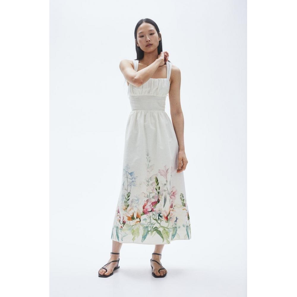 

Платье HM из смесового льна с принтом, белое с цветочным принтом