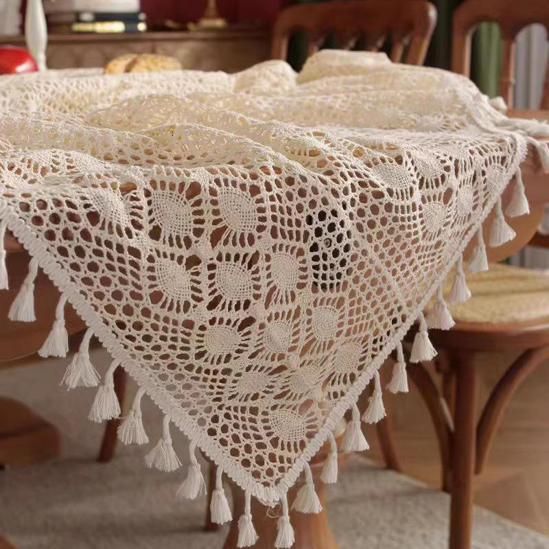 Cotton Weave Tablecloth,With Tassel Rectangle Hollow Lace Table Cloths for Kitchen Party Holiday Christmas Dining Table Decor