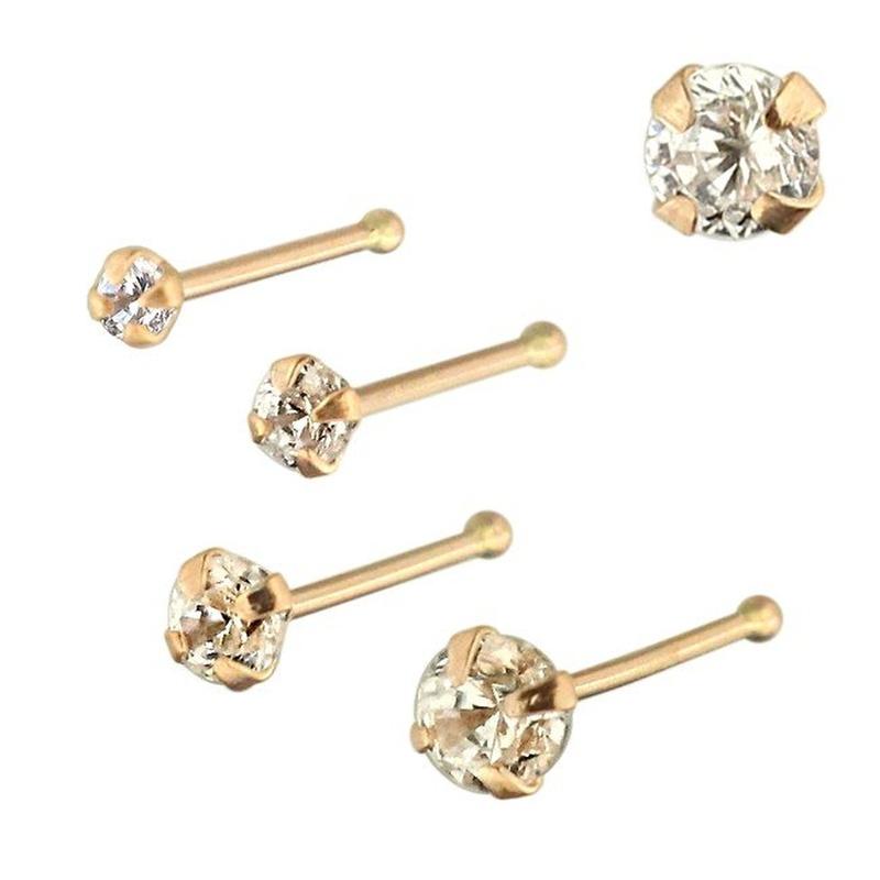 KODY PIERCING 9K Solid Gold Ball End Jeweled Nose Pin With Cubic Zirconia CZ Round 3,0mm Set by 4 Prongs - Quality Piercing
