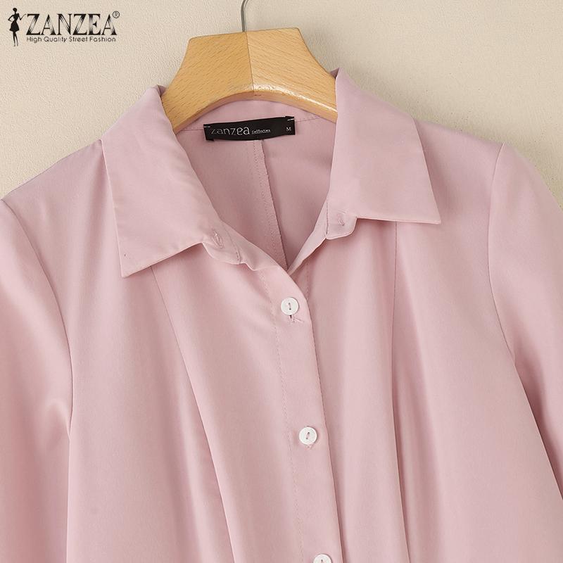 ZANZEA Womens Casual Turn Down Collar Loose 3/4 Sleeve Midi Dres