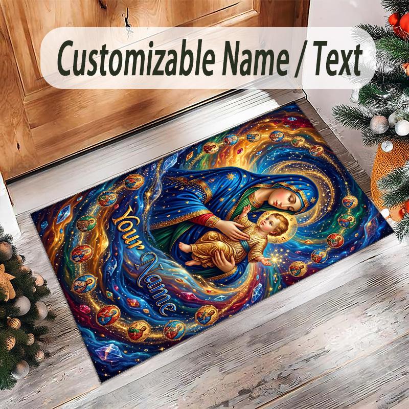 Virgin Mary Theme Crystal Velvet Rug Personalized Custom Name Text Soft Floor Mat Home Decor