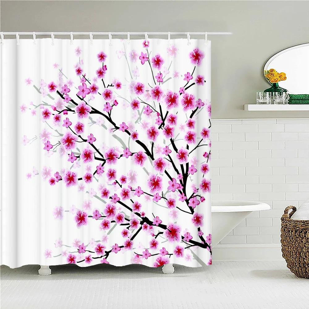 Japanese-style 3D Mount Fuji and Flower Print Shower Curtain With Hook Natural Landscape Home Decoration Bathroom Curtains