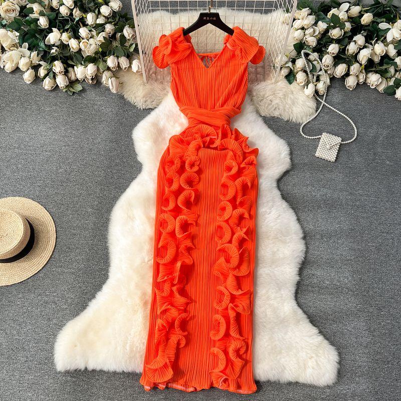 

Accessible Luxury Banquet Pleated Three-Dimensional Silm Dress Dress Orange Red All yards