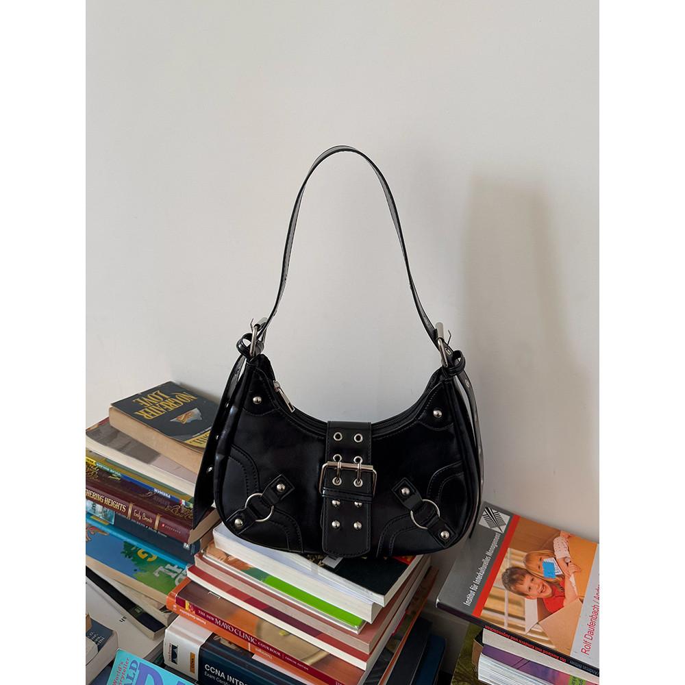 IELGY Motorcycle Style Underarm Bag All-Match Commuter Rivet Crescent Bag