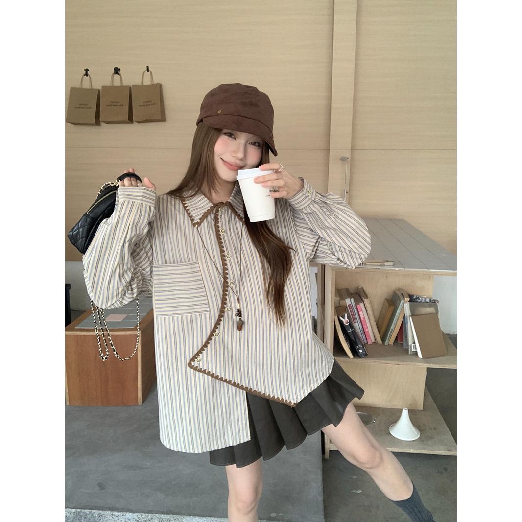 2026 Spring Loose Fit Women s Top – Chic Long-Sleeved Shirt with Irregular Stripes Large