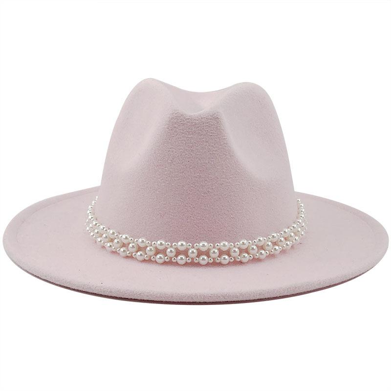 Woolen Hat Elegant Fashion Pearl Woolen Hat British Style Jazz Hat Big Brim Hat Women's Autumn and Winter Top Hat