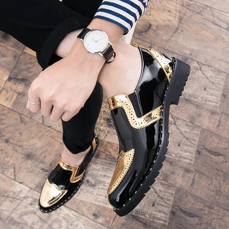 Fashion Platform Leather Shoes Casual Men Brogue Patent Leather Shoe Man Lace Up Oxford Dress Shoes Elevator Formal Club Party Shoes