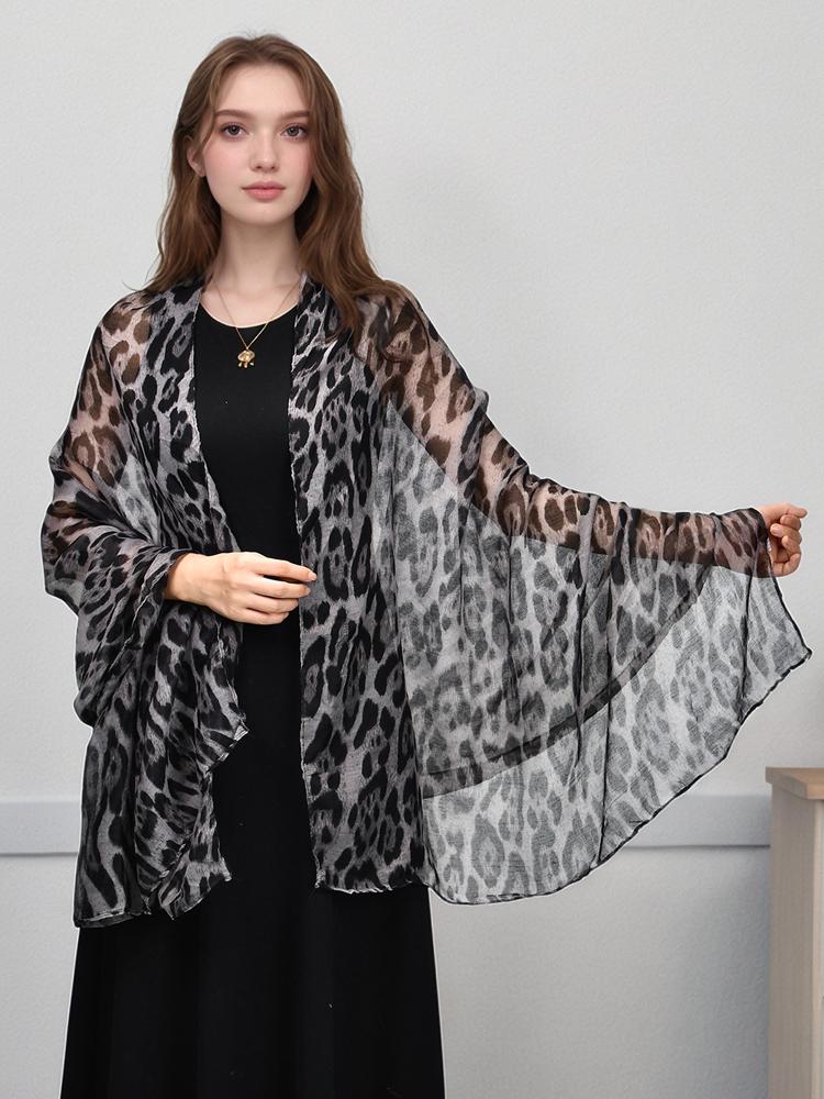 Elegantes Damen Vintage Durchsichtiges Leopardenmuster Seidenschal Kopftuch Wickeltuch Schal Sonnenschutz Bandana Hijab Damen Schal Pareo Sommer Neu