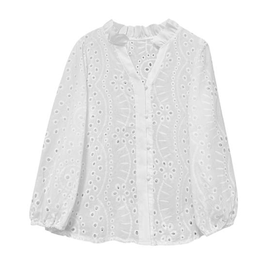 Women Shirt V-Neck Lantern Long Sleeve Single Breasted Shirt Tops Ruffle Details Hollow Design Casual Shirt