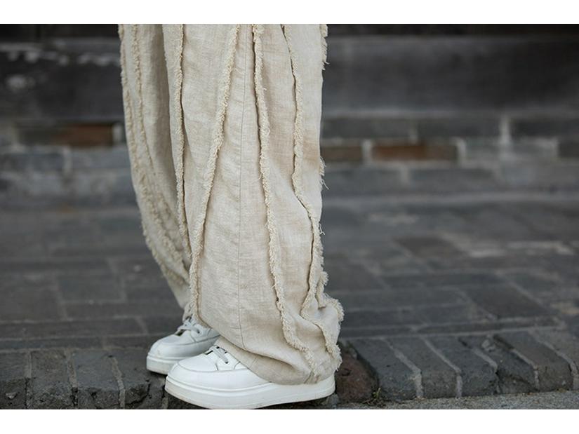 Women's Spring & Summer Ramie Flannel Pants - National Style, Improved Chinese Straight Cut with Drawstring.