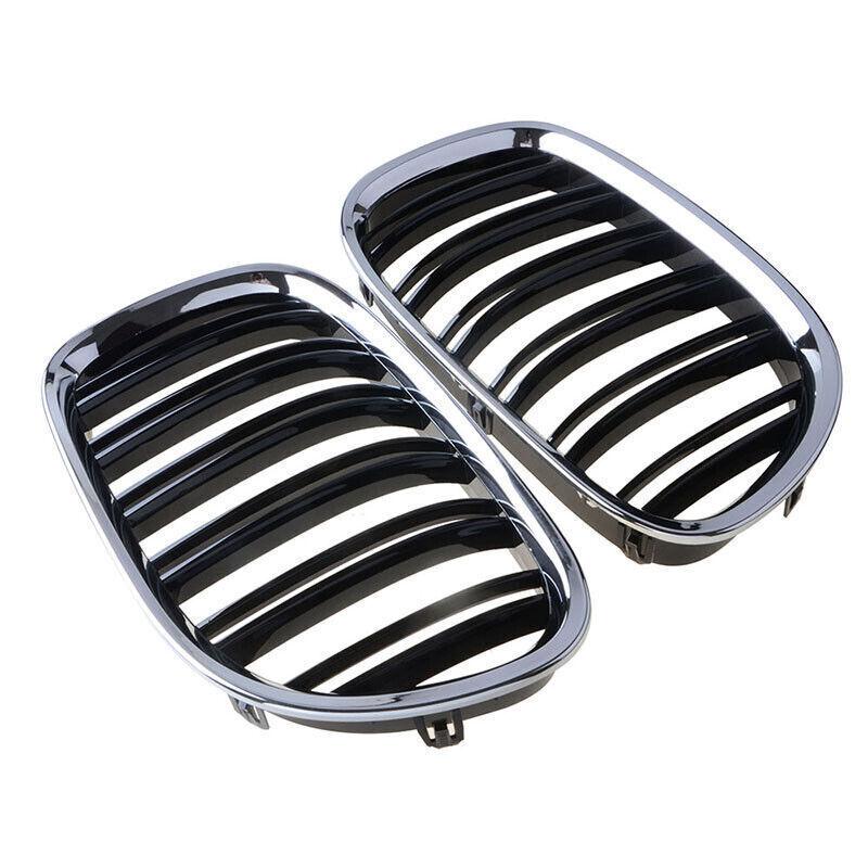 1 Pair Double Line Gloss Silver Car Front Bumper Grilles Kidney Racing Grill For BMW 7 Series F01 F02 2009-2015 Car Accessories