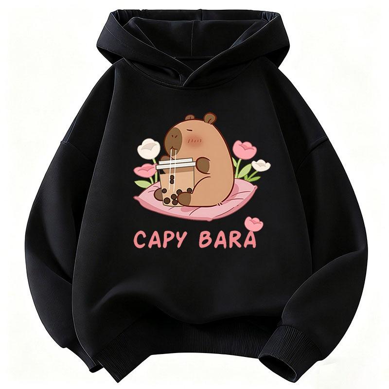 Kawaii Capybara Drinking Juice Hoodie Kids Flower Children's Sweatshirt Hoody for Boys Girls Casual Hoodies Clothes