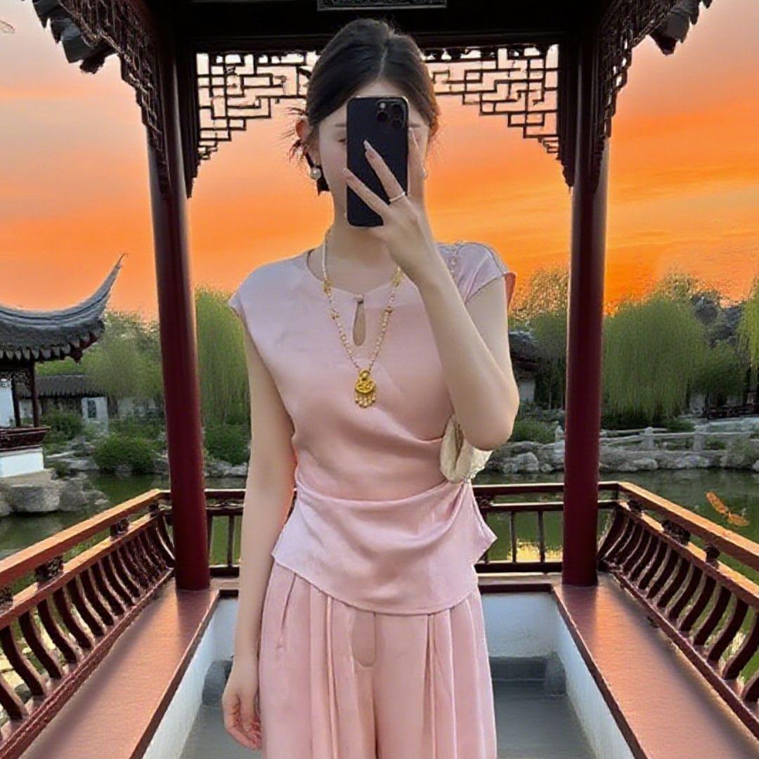 Women s Zen-Inspired Summer Retro Jacquard Top & High-Waisted Wide-Leg Pants Set XL [Recommended 116-130]
