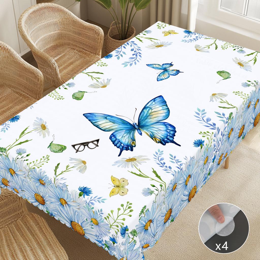 1 Piece Of Round And Rectangular Tablecloth With Daisy And Butterfly Print Pattern, Various Sizes, Spring And Summer Floral Design, Tablecloth For Kit