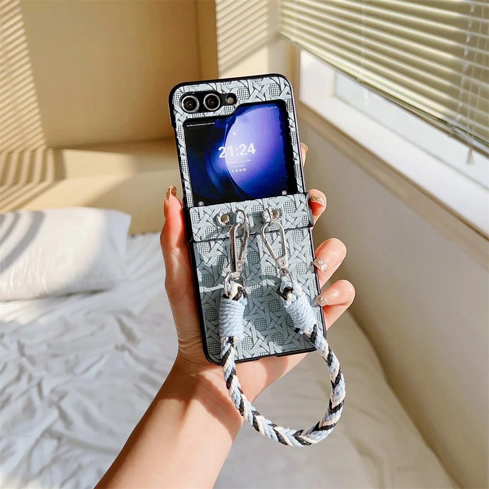 Wrist Strap Weave Leather Phone Case for Samsung Galaxy Z Flip 6 5 4 3 Flip5 Flip4 Flip3 5G Protective Shockproof Cover