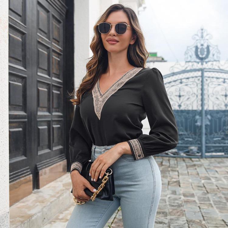 Elegant Women Chiffon Blouse Long Sleeve V Neck Lace Solid Color Chic Tops Autumn Winter Sizes S-XL