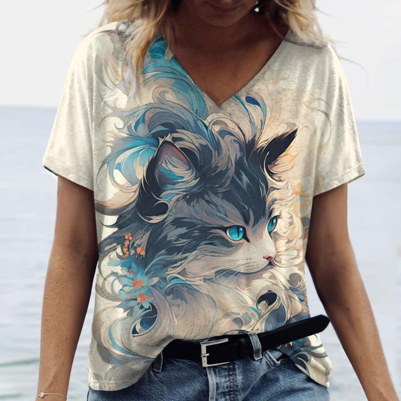 Dam V-ringad Kortärmad T-shirts Djurtryckta Sommarkläder Söta Tecknade Kattkvinna T-shirts 2024 Nya Streetwear Toppar
