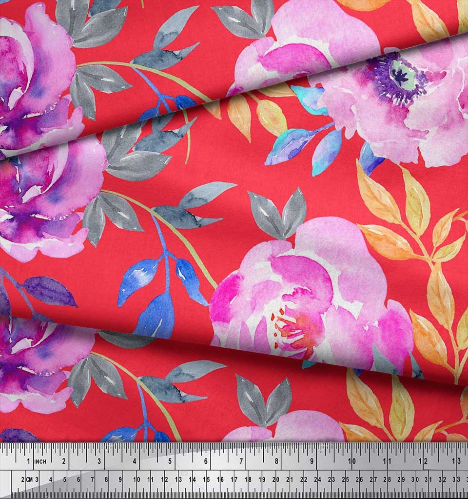 Soimoi Japan Crepe Satin Fabric Leaves & Peony Flower Print Fabric by the Metre 42 Inch