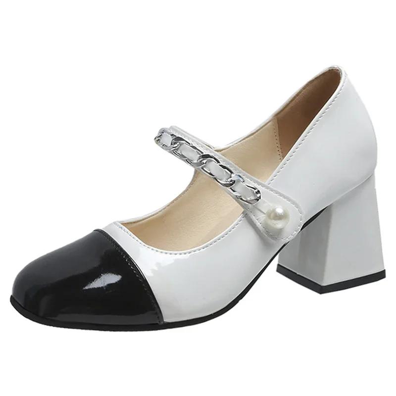 New French High Heels Women's Patchwork Fashion Mary Jane Shoes Vintage Square Toe Jk Pu Leather Ladies Shoes