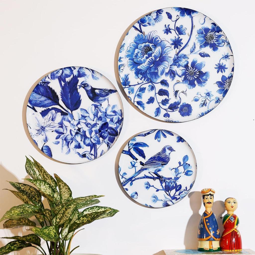 Metal Decorative Wall Plates |  Flower and Bird Art Design | Living Room Wall Decoration | Décor Items | Gift Items (Multicolour) (Set of 3)