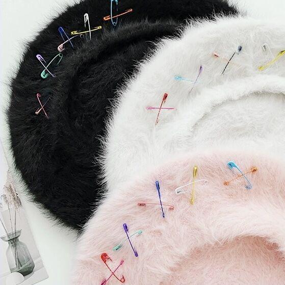 Hat Women's Autumn and Winter Plush Hat Cute Beret Women's Pin Dopamine Knitted Painter Hat