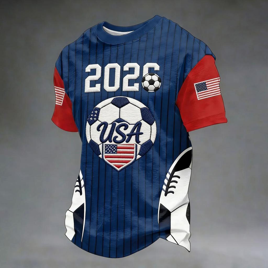 Men's Casual Printed Crew Neck Lightweight Breathable Short Sleeve Shirt Soccer Themed Graphic Design USA Map and Flag Pattern