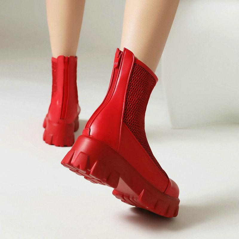Women Ankle Boots Platform Chunky Heels Ladies Mesh Net Short Boots