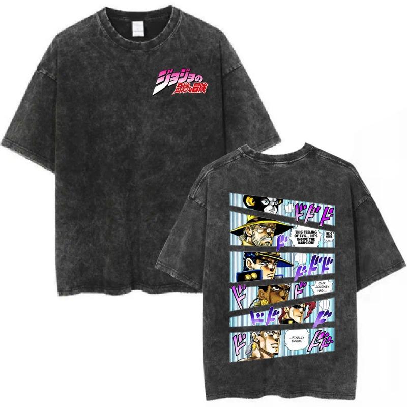Vintage Washed Anime Jojo Bizarre Adventure T-shirt Giorno Giovanna Manga Graphic T-shirts Men's Clothing Cotton Casual T shirts