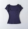 Pocket Square Neck Short Sleeve T-Shirt Women's Summer New American Spice Girl Solid Color Fungus Edge Slim Bottom Top