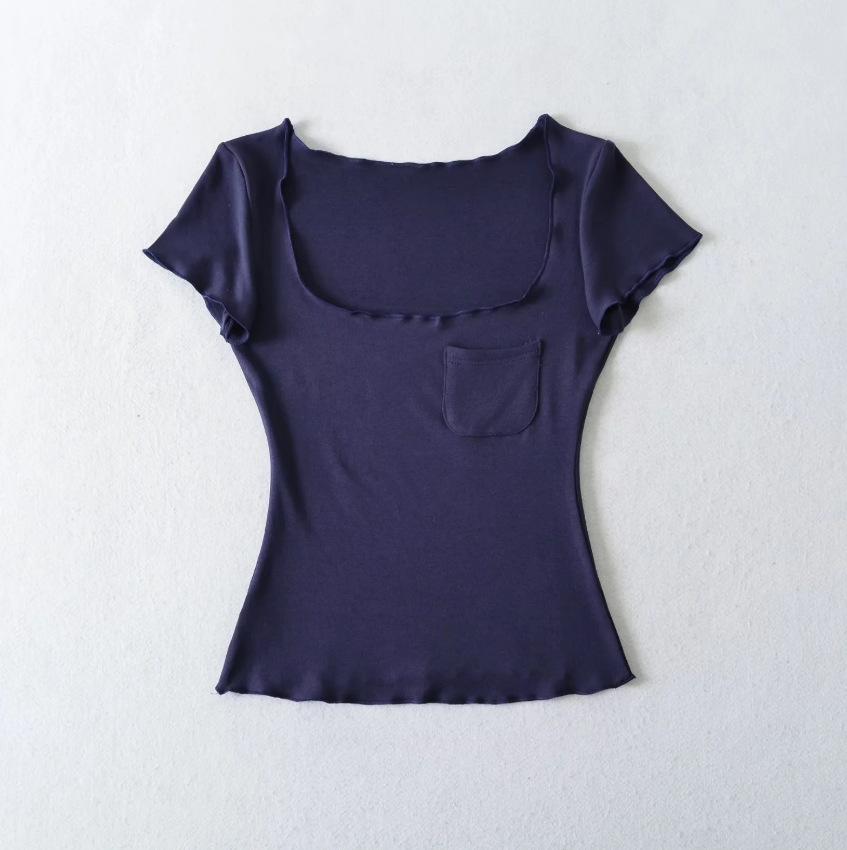 Pocket Square Neck Short Sleeve T-Shirt Women's Summer New American Spice Girl Solid Color Fungus Edge Slim Bottom Top