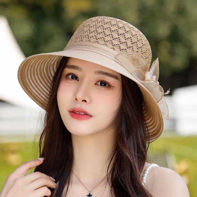Eleganckie modne damskie kapelusze kościelne dla kobiet z dużą kokardą kwiatową, letni kapelusz chroniący przed słońcem, ślubny, z szerokim rondem, oddychający, morski, plażowy