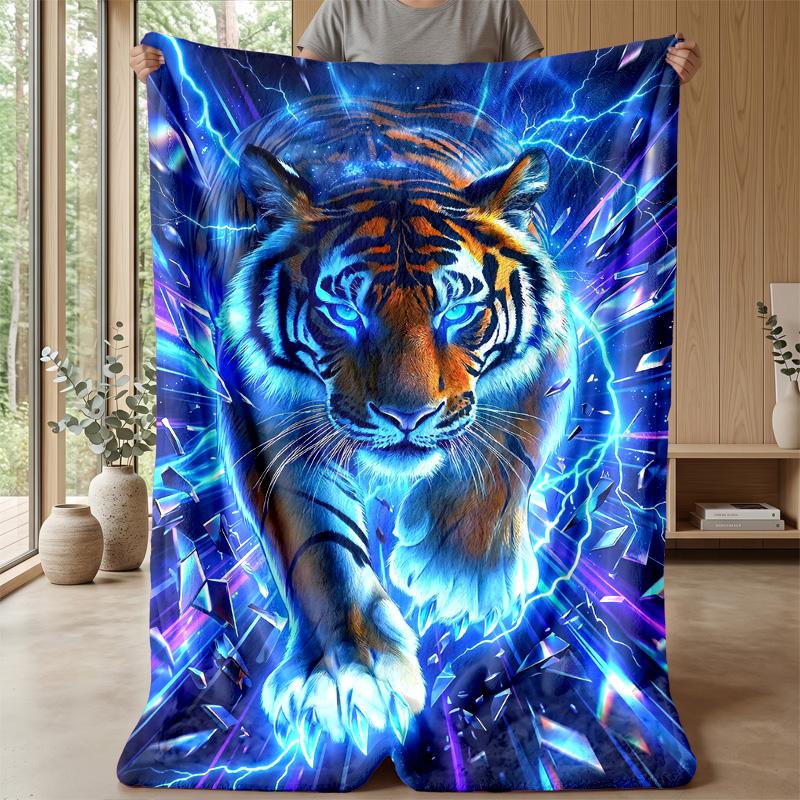 Energetic Blue Tiger Artwork Theme Blanket Lightweight Warm Flannel Blanket Decorative Throw Blanket for Home Decoration
