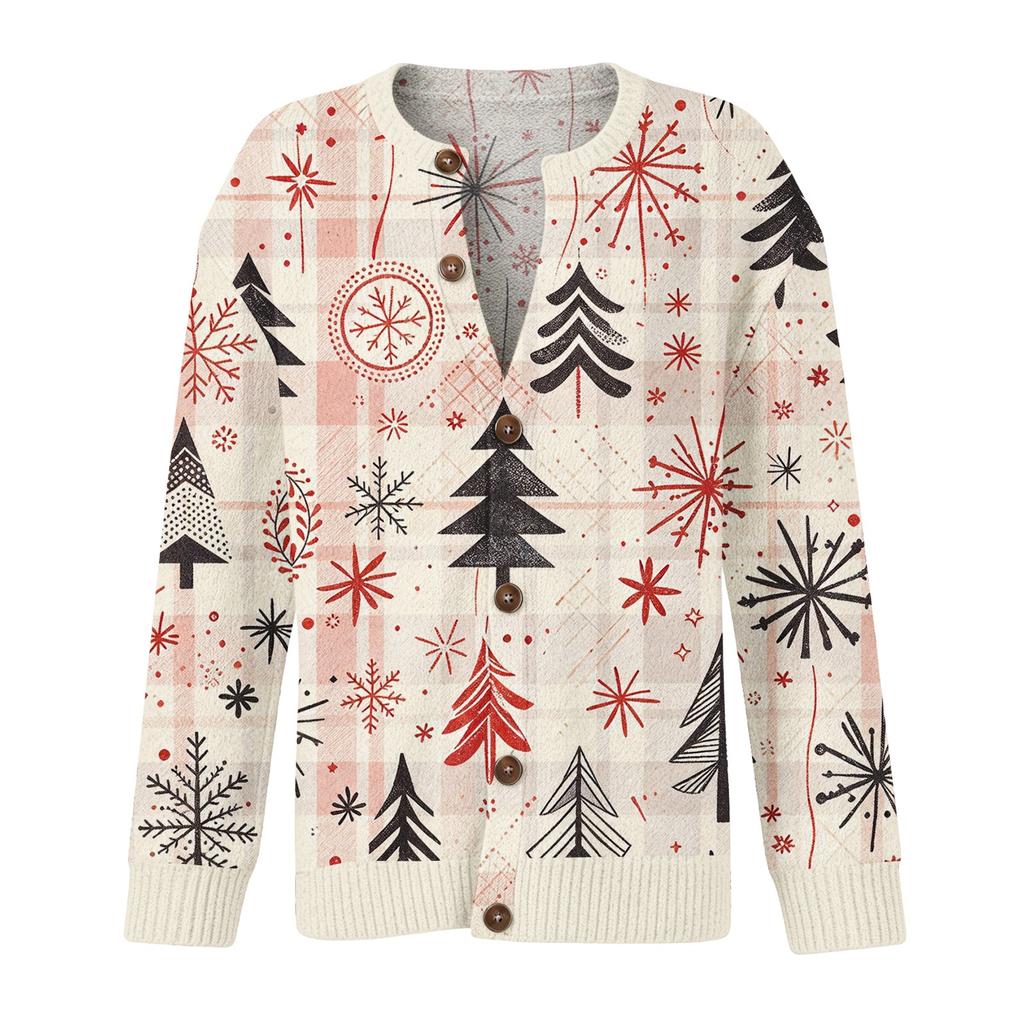 Women's Christmas Print Cardigan Long Sleeve Button Down Knit Outerwear for Holiday Party