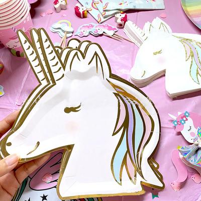 Talheres descartáveis de unicórnio, suprimentos para festa de unicórnio, pratos de papel, guardanapos, decoração de festa de aniversário de unicórnio feliz, arco-íris, cavalo, menina