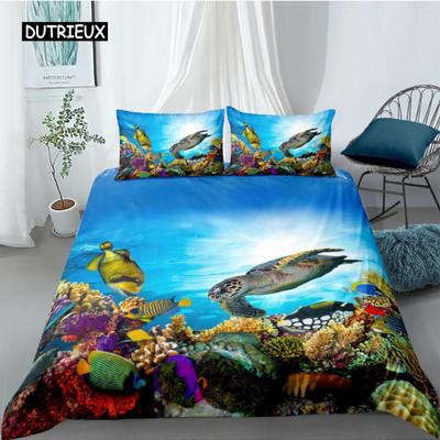 Ozean Bettbezug Set Queen Doppelgröße Polyester Ozeantiere Fische Schildkröte und Regenbogenfarben Koralle Bedruckte Bettdecke